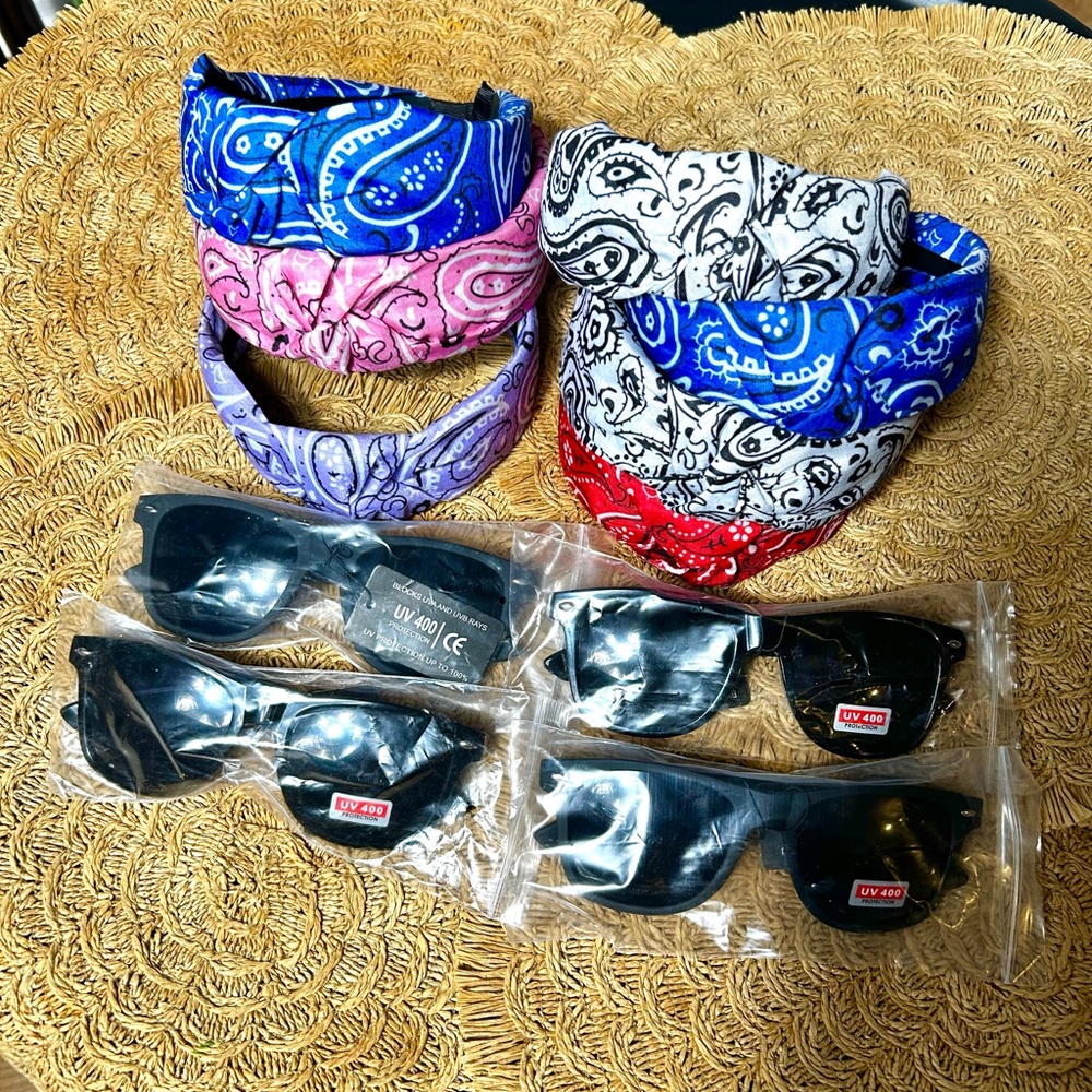 Knotted Bandanna Print Headbands & UV Black Sunglasses Bundle Of 11 NEW
